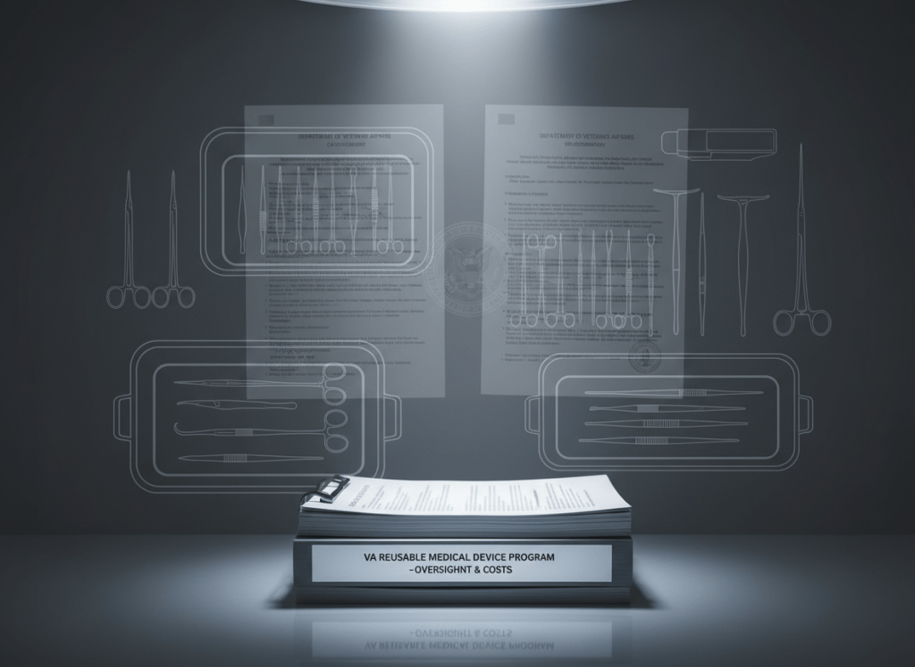 A stark, institutional editorial image for an article about the VA's $14 million bureaucracy of reusable medical devices. Dark charcoal background with ghosted imagery of sterile medical device trays, surgical instruments laid out in rows, and OIG report pages as watermarks. Cold clinical lighting effect. Mood: institutional accountability, medical oversight, serious investigative journalism.