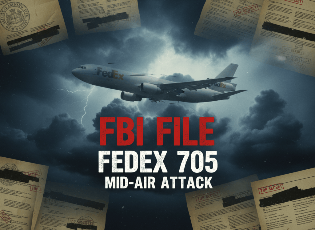 A dramatic, high-altitude editorial image for an article about FedEx Flight 705 and FBI declassified files about a violent mid-air attack. Dark stormy sky background with a ghosted cargo plane silhouette in flight, overlaid with faint FBI document pages and redacted text stamps. The mood evokes extreme tension, aerial danger, and institutional investigation. Serious, cinematic journalism.