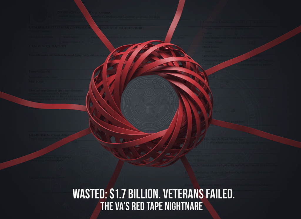 A stark editorial image for an article about how VA red tape is wasting $1.7 billion and failing veterans. Dark background with ghosted imagery of bureaucratic forms, tangled red tape rendered literally as a maze of overlapping red lines, and a faint Inspector General seal. Mood: institutional failure, taxpayer waste, serious investigative journalism. Controlled and grave.