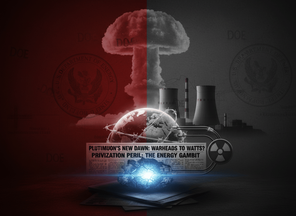 A dramatic, high-stakes editorial image for an article about privatizing nuclear plutonium — converting warheads into energy. Dark background split between deep red and charcoal, with a ghosted mushroom cloud silhouette transitioning to power plant cooling towers. Faint DOE document watermarks. Mood: nuclear power, energy policy, privatization risk, serious investigative journalism.