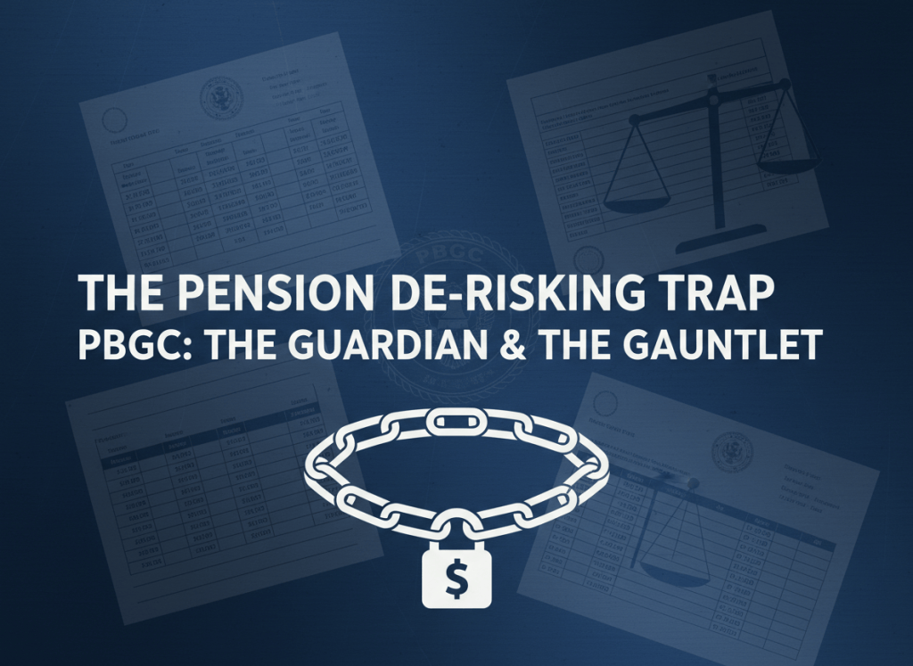 A measured, institutional editorial image for an article about the PBGC pension guarantee corporation and the pension de-risking trap. Dark navy background with ghosted imagery of retirement documents, pension ledger pages, and a balance scale rendered as watermarks. A faint PBGC seal appears subtly. Mood: financial accountability, pension policy, institutional watchdog journalism. Serious and authoritative.