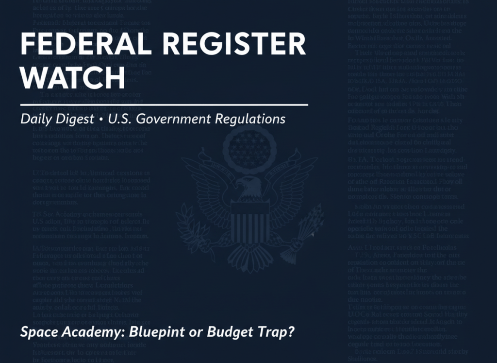 A dark, authoritative editorial header image. Deep navy blue background. Faint ghosted columns of dense regulatory text fill the background as a watermark texture. Centered is a ghosted U.S. Great Seal (eagle), rendered subtly in a slightly lighter navy. Top-left aligned bold white sans-serif text reads "FEDERAL REGISTER WATCH" in wide tracking. A clean white horizontal rule separates the title from subtitle text below it. Below the rule, smaller lighter-weight white text reads "Daily Digest · U.S. Government Regulations." In the bottom-left corner, in small clean white italic text, the article title reads: "Space Academy: Blueprint or Budget Trap?" Overall mood: formal, institutional, serious regulatory journalism.