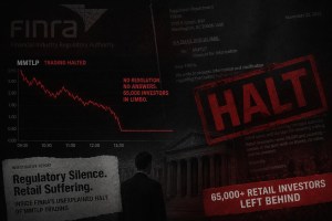 A tense, ominous editorial image for an investigative article about FINRA's unexplained trading halt on MMTLP stock, leaving 65,000 retail investors in regulatory limbo. Dark charcoal and deep red background. A ghosted stock chart flatlines abruptly mid-frame — the line simply stops, cut off, with no resolution. Overlaid faintly: fragments of regulatory correspondence, a FINRA letterhead watermark, and the word "HALT" stamped in bold red at an angle. The mood is institutional betrayal, unanswered questions, financial injustice. Serious investigative journalism. No cartoon elements.