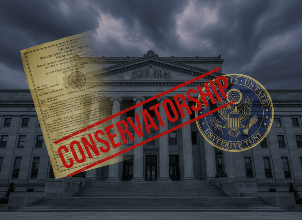 A cinematic, editorial-style image for an investigative article about Fannie Mae and Freddie Mac. A massive, imposing federal building facade — neoclassical columns, stone steps — partially obscured by storm clouds. Superimposed ghosted imagery: a faded 1938 RFC charter document dissolving into a modern government seal. A red "CONSERVATORSHIP" watermark stamps diagonally across the middle. The color palette is deep charcoal, slate grey, and muted gold. Mood: institutional weight, long American financial history, government bailout, the New Deal's most consequential legacy. Serious, no cartoonish elements, editorial photojournalism aesthetic.