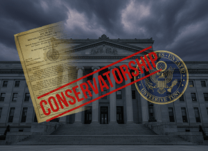 A cinematic, editorial-style image for an investigative article about Fannie Mae and Freddie Mac. A massive, imposing federal building facade — neoclassical columns, stone steps — partially obscured by storm clouds. Superimposed ghosted imagery: a faded 1938 RFC charter document dissolving into a modern government seal. A red "CONSERVATORSHIP" watermark stamps diagonally across the middle. The color palette is deep charcoal, slate grey, and muted gold. Mood: institutional weight, long American financial history, government bailout, the New Deal's most consequential legacy. Serious, no cartoonish elements, editorial photojournalism aesthetic.