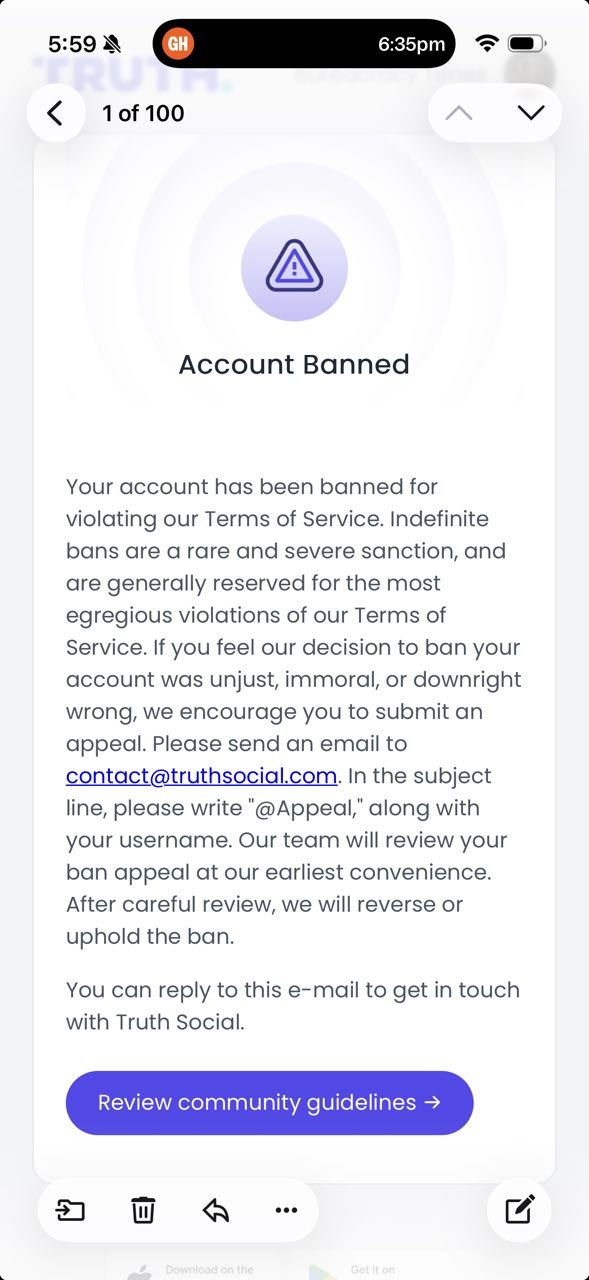 Truth Social account banned notification
