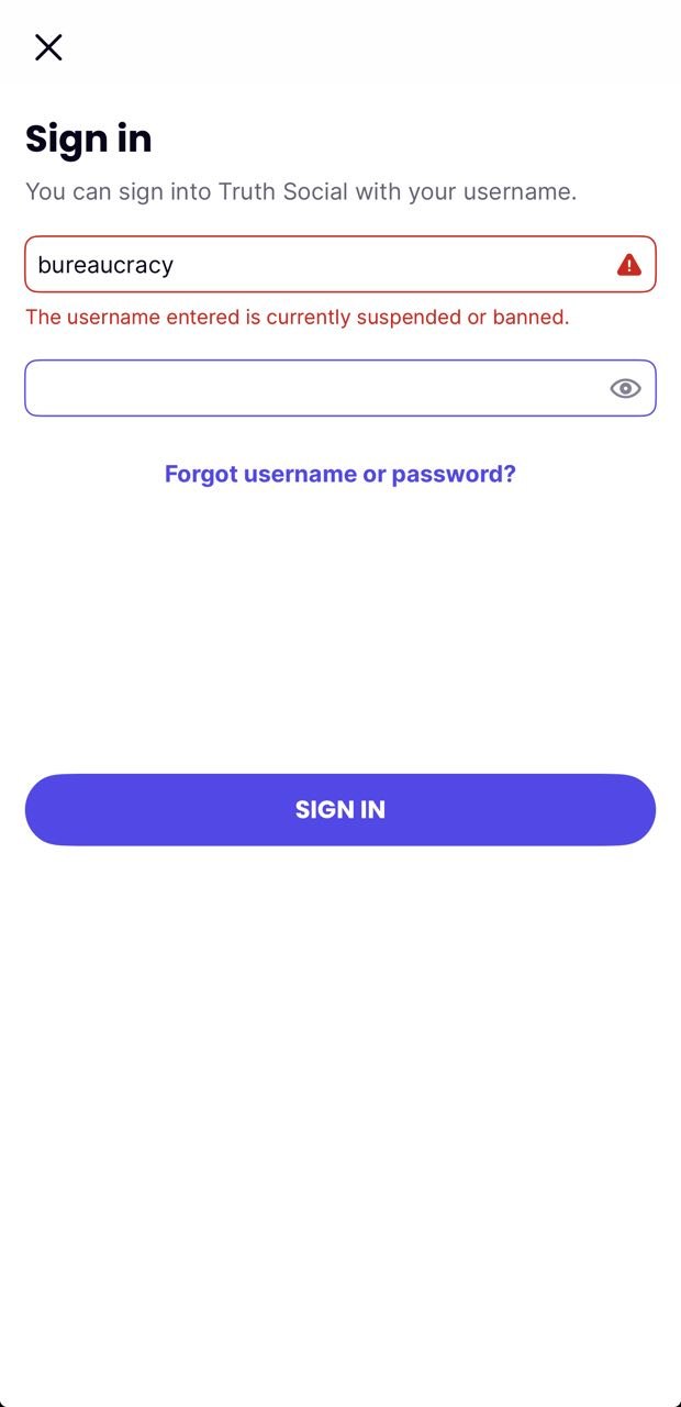 Truth Social app login screen showing account banned or suspended error