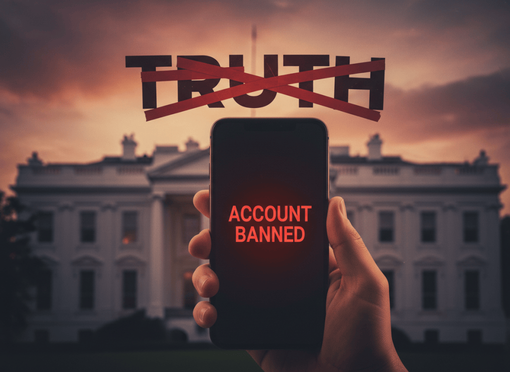 An editorial illustration showing a hand in the foreground holding a smartphone displaying a stark red "Account Banned" error message on a dark screen. The background is a softly blurred, slightly desaturated White House at dusk or twilight, with a dramatic reddish-orange sky above it. Floating in the sky above the White House, the word "TRUTH" is written in bold capital letters, wrapped and bound tightly in red bureaucratic tape — the tape coils around the letters constraining them. The overall mood is serious, editorial, and atmospheric. The color palette features warm aged tones, deep reds, and muted government-building gray-white. No logos, no social media branding, no identifiable UI elements beyond the generic "Account Banned" red error on the phone screen.