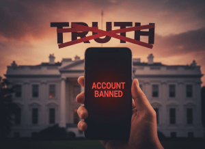 An editorial illustration showing a hand in the foreground holding a smartphone displaying a stark red "Account Banned" error message on a dark screen. The background is a softly blurred, slightly desaturated White House at dusk or twilight, with a dramatic reddish-orange sky above it. Floating in the sky above the White House, the word "TRUTH" is written in bold capital letters, wrapped and bound tightly in red bureaucratic tape — the tape coils around the letters constraining them. The overall mood is serious, editorial, and atmospheric. The color palette features warm aged tones, deep reds, and muted government-building gray-white. No logos, no social media branding, no identifiable UI elements beyond the generic "Account Banned" red error on the phone screen.