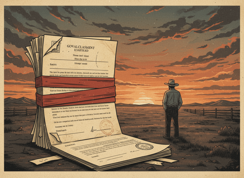 An editorial illustration in an aged paper and declassified document aesthetic. A wide open American rangeland at dusk, with a weathered cattle rancher silhouetted in the middle distance against a dramatic sky. In the foreground, a stack of official government documents with heavy red tape bound around them — the tape conspicuously tight, constraining the papers. The sky has warm amber and deep red tones suggesting both sunset and tension. The overall color palette is muted, desaturated earth tones — ochre, rust, cream, dark brown — evoking aged parchment and official paperwork. The mood is serious, documentary, and editorial. No text, no logos, no brand names.
