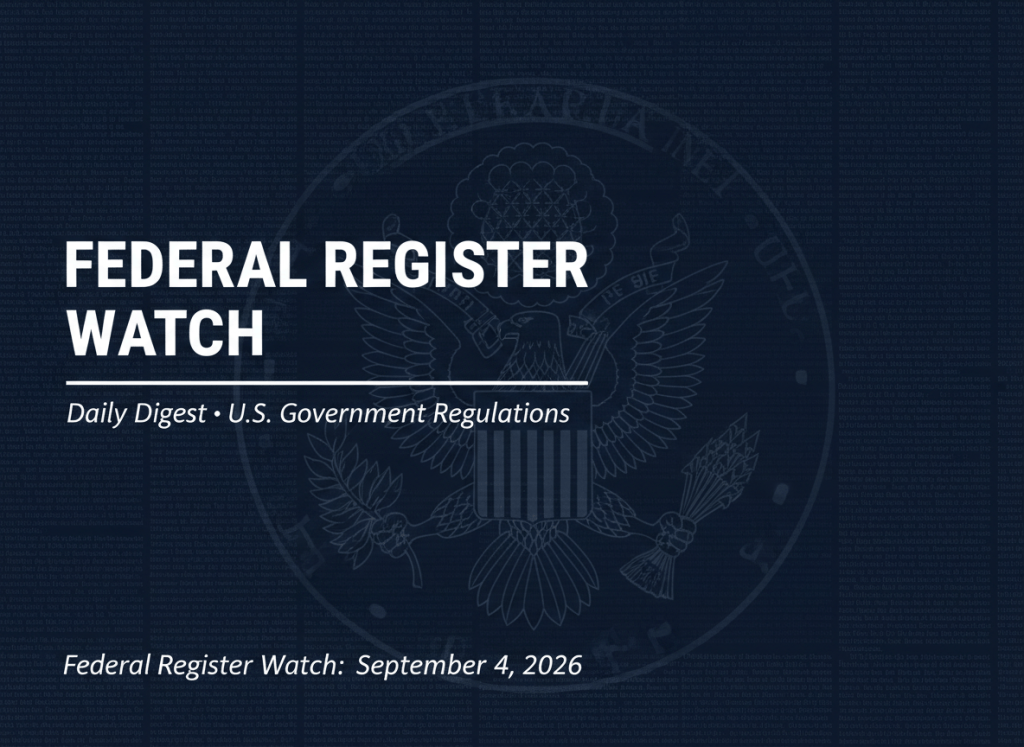 A landscape editorial feature image with a dark navy blue background. The background has a very subtle watermark texture made up of tiny, densely packed Federal Register legal text — barely legible, like a ghost of official document pages. Centered in the background is a large, faint, low-opacity U.S. federal government eagle seal as a watermark — not prominent, just a ghosted presence behind the text. In the upper left, bold white sans-serif all-caps text reads "FEDERAL REGISTER WATCH" in two lines, large and authoritative. Directly below that, a thin white horizontal rule, then smaller italic white text reads "Daily Digest · U.S. Government Regulations". In the lower left, in smaller italic white text, the article title reads "Federal Register Watch: September 4, 2026". The composition is left-aligned, typographic, clean, and institutional — like a newspaper masthead meets a government briefing document. No gradients, no glow, no decorative elements. Dark navy palette throughout.