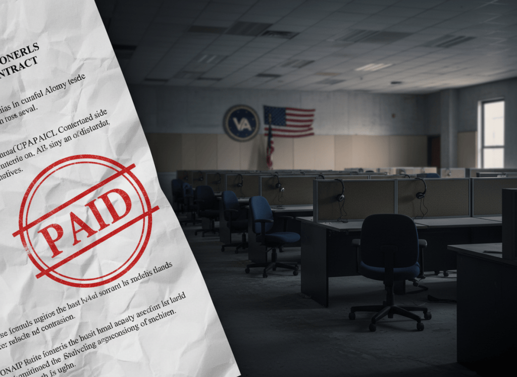 A stark, editorial-style image showing a government contract document or invoice stamped "PAID" in red, alongside an empty call center with vacant headsets and dark, unmanned workstations. Muted, institutional color palette — grey, navy, faded beige. A subtle American flag or VA seal in the background, slightly out of focus. The overall mood is one of abandonment and bureaucratic failure. Photorealistic, high contrast, suitable for a serious investigative news article.