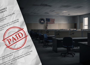 A stark, editorial-style image showing a government contract document or invoice stamped "PAID" in red, alongside an empty call center with vacant headsets and dark, unmanned workstations. Muted, institutional color palette — grey, navy, faded beige. A subtle American flag or VA seal in the background, slightly out of focus. The overall mood is one of abandonment and bureaucratic failure. Photorealistic, high contrast, suitable for a serious investigative news article.