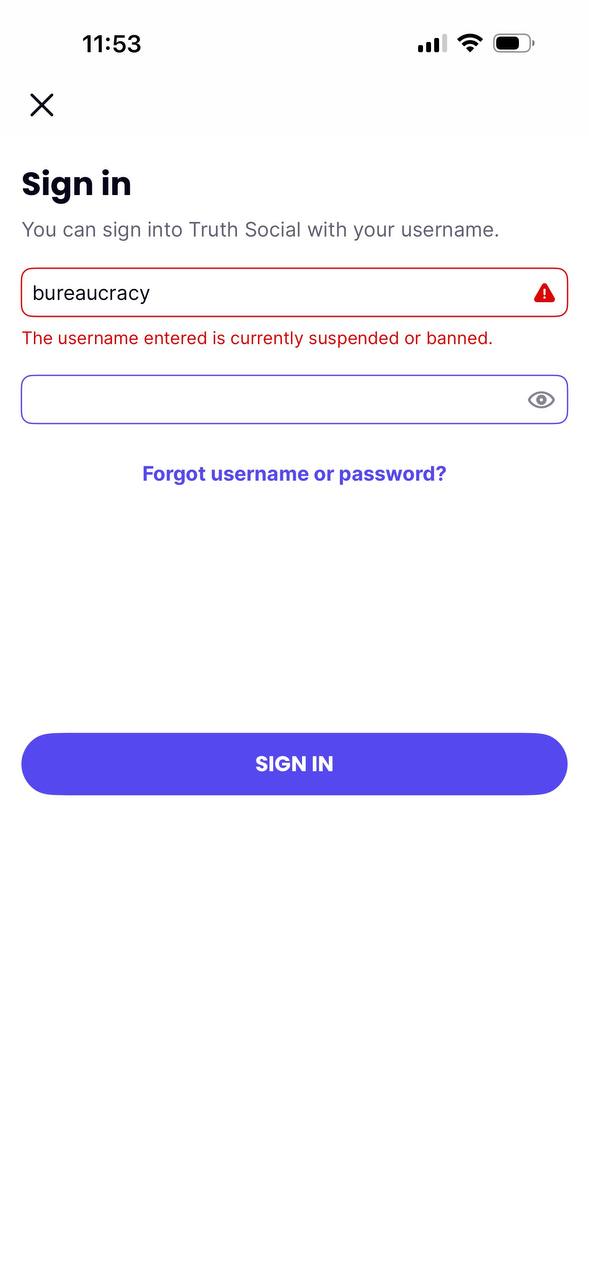 Screenshot of Truth Social login screen showing the @bureaucracy account suspended at 11:53 a.m.