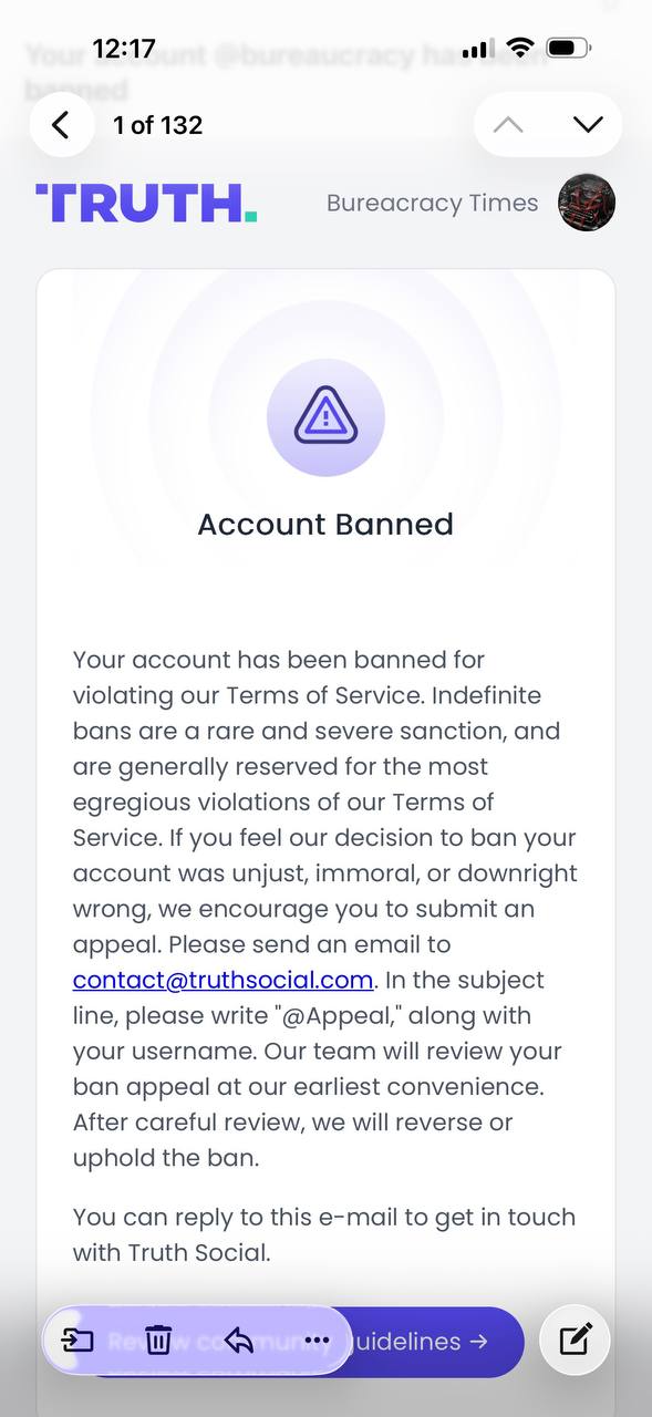 Screenshot of Truth Social email notifying Bureaucracy Times of a second ban
