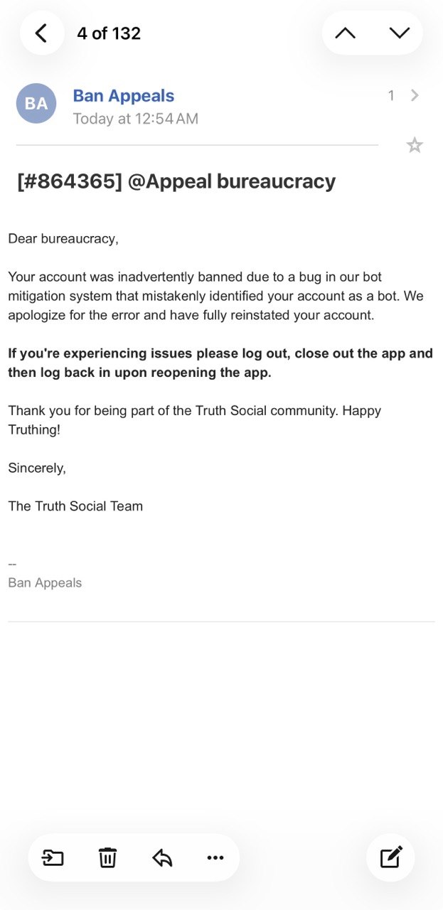 Screenshot of Truth Social email informing Bureaucracy Times that its account was reinstated