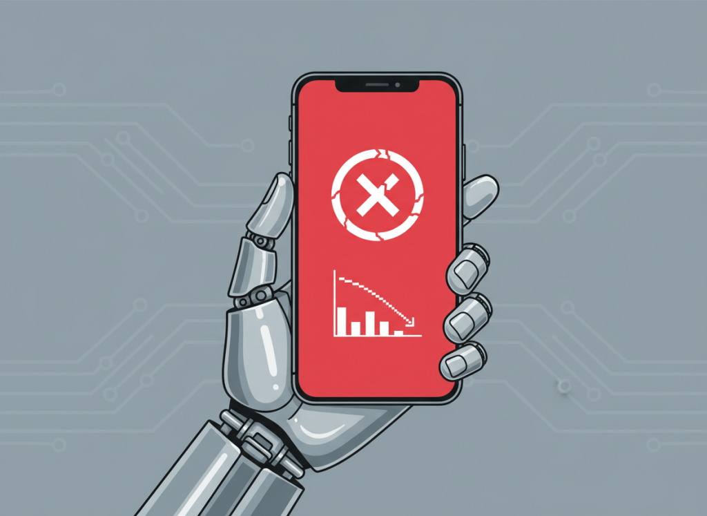 A stark, editorial-style illustration of a robot hand holding a phone displaying a red "Account Suspended" error screen. The background is a muted gray-blue with subtle circuit board patterns fading into the background. The mood is sardonic and deadpan — think bureaucratic absurdity meets tech failure. Clean, minimal, journalistic aesthetic. No text in the image.
