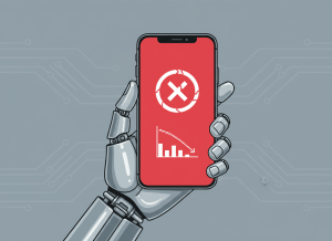 A stark, editorial-style illustration of a robot hand holding a phone displaying a red "Account Suspended" error screen. The background is a muted gray-blue with subtle circuit board patterns fading into the background. The mood is sardonic and deadpan — think bureaucratic absurdity meets tech failure. Clean, minimal, journalistic aesthetic. No text in the image.