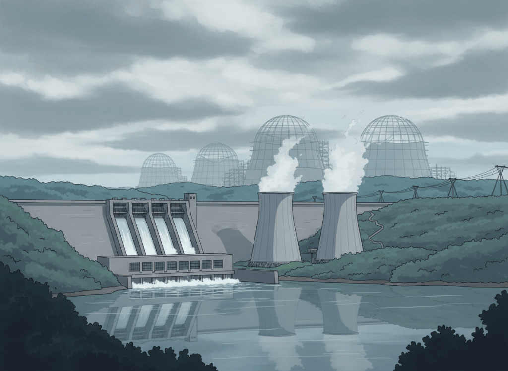 An editorial illustration showing a mid-century government dam and power infrastructure on a river, with cooling towers reflected in the water. In the background, ghostly outlines of unfinished nuclear reactor structures loom over the landscape. The mood is serious and slightly ominous — the weight of history pressing on a present-day decision. Muted greens, grays, and blues. No text in the image. Clean, journalistic aesthetic.