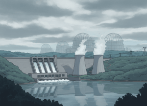 An editorial illustration showing a mid-century government dam and power infrastructure on a river, with cooling towers reflected in the water. In the background, ghostly outlines of unfinished nuclear reactor structures loom over the landscape. The mood is serious and slightly ominous — the weight of history pressing on a present-day decision. Muted greens, grays, and blues. No text in the image. Clean, journalistic aesthetic.