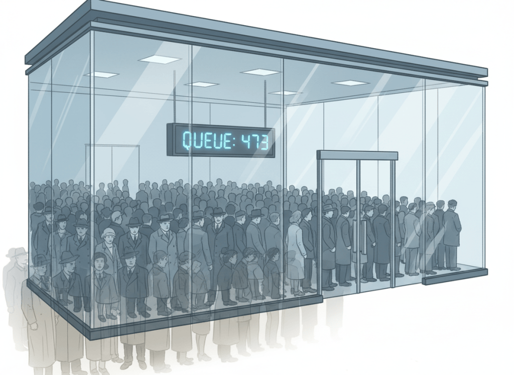 An editorial illustration evoking a modern bank run — a sleek, glass-and-steel bank branch facade with a digital queue indicator showing hundreds of customers, rendered in muted blues and grays. In the foreground, a subtle ghost image of a 1930s bank queue overlaps with the modern scene, suggesting historical echo. The mood is serious and institutional. No text in the image. Clean, journalistic aesthetic.