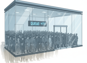 An editorial illustration evoking a modern bank run — a sleek, glass-and-steel bank branch facade with a digital queue indicator showing hundreds of customers, rendered in muted blues and grays. In the foreground, a subtle ghost image of a 1930s bank queue overlaps with the modern scene, suggesting historical echo. The mood is serious and institutional. No text in the image. Clean, journalistic aesthetic.