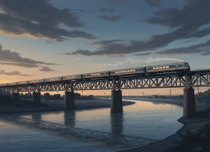 An editorial illustration of a passenger train crossing a long bridge over a river at dusk, rendered in muted blues, ambers, and grays. The train is generic — not branded — but clearly American intercity rail. The scene has a slightly melancholic quality, beautiful infrastructure slightly worn at the edges. No text in the image. Clean, journalistic aesthetic.