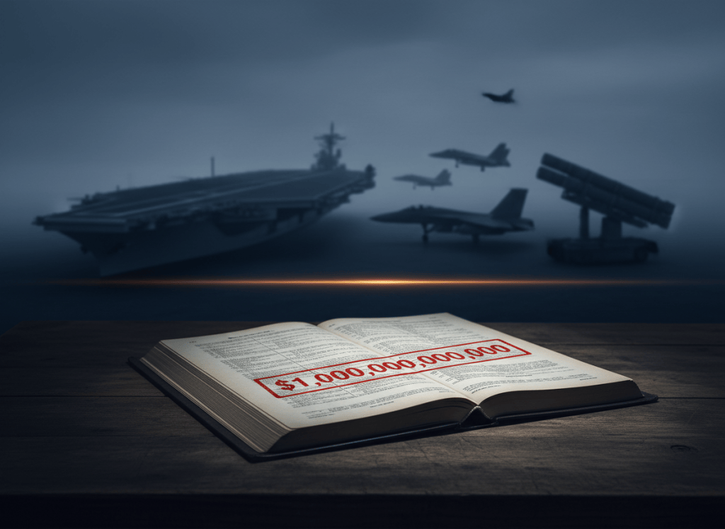 A stark, editorial-style wide image. A massive federal budget document or ledger stamped with "$1,000,000,000,000" lies open on a government desk, partially obscured by shadows. In the background, blurred silhouettes of military hardware — a carrier, fighter jets, a missile defense battery. The overall palette is cold: deep navy, concrete gray, and a single slash of warning amber. No people. No logos. The mood is institutional weight meeting strategic urgency. Photorealistic editorial style, suitable for a serious policy publication.