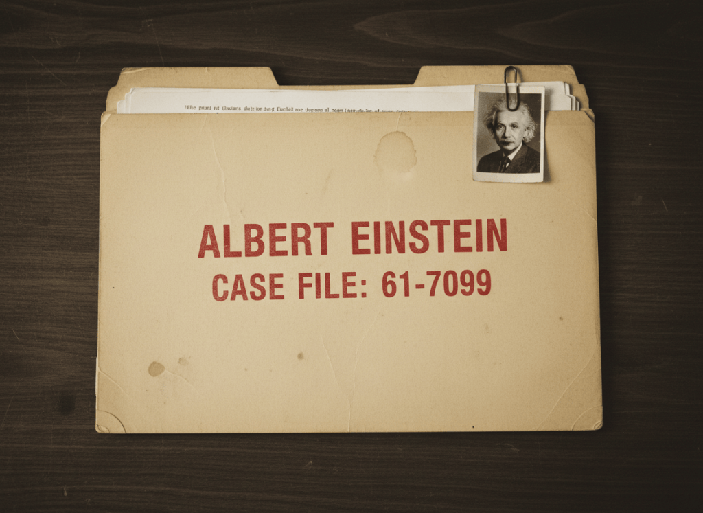 A declassified government document aesthetic. A weathered, slightly yellowed FBI case file folder sits on a dark surface, stamped prominently with "ALBERT EINSTEIN" and case file number "61-7099" in faded red ink. The folder is partially open, revealing blurred typewritten pages beneath. A small black-and-white portrait photo of Einstein is paper-clipped to the corner of the folder. The overall mood is archival, Cold War-era bureaucratic surveillance. Muted sepia and gray tones with a single deep red accent from the stamp. No logos, no modern elements. Editorial photorealistic style.