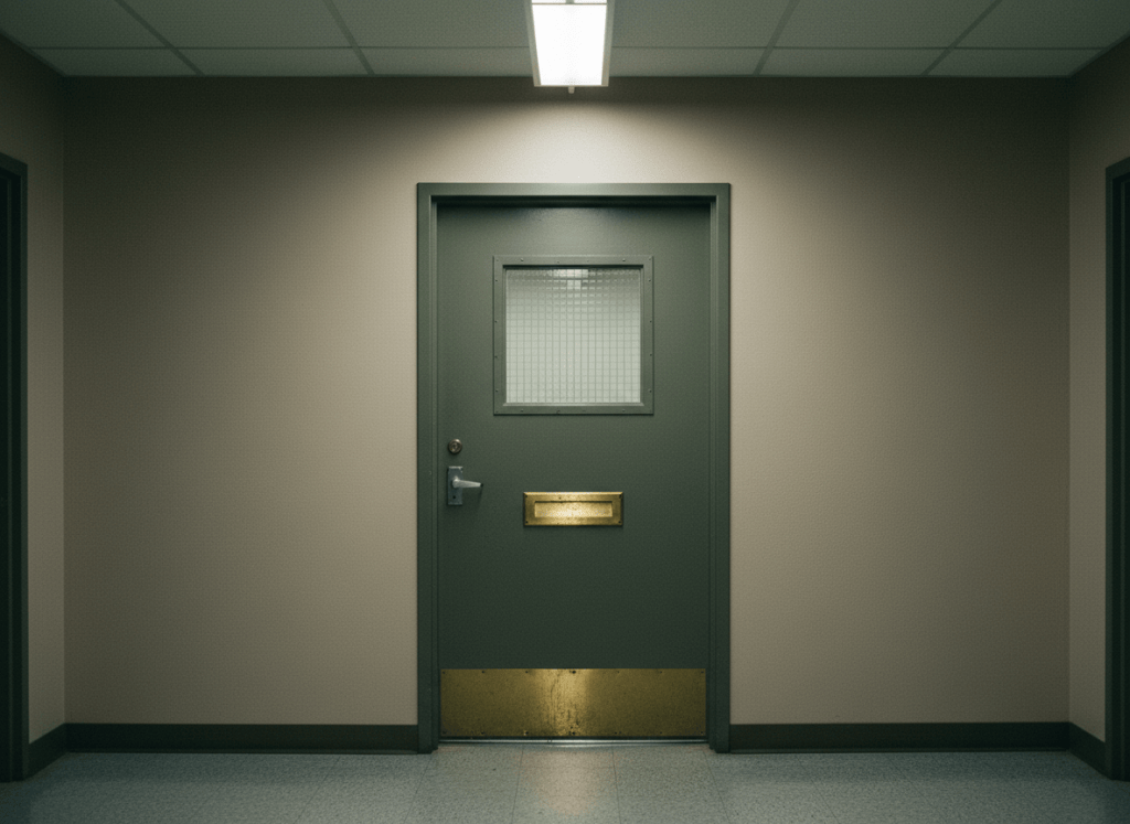 A heavy institutional door, dark wood or painted metal, set in a stark government hallway with fluorescent lighting. The door has a small frosted glass window and a brass mail slot near the bottom. The overall mood is cold, bureaucratic, and slightly forbidding — the kind of door that technically allows correspondence but doesn't encourage it. Muted, desaturated colors: institutional greens, grays, beige walls. Slightly moody lighting. Editorial, photorealistic style.