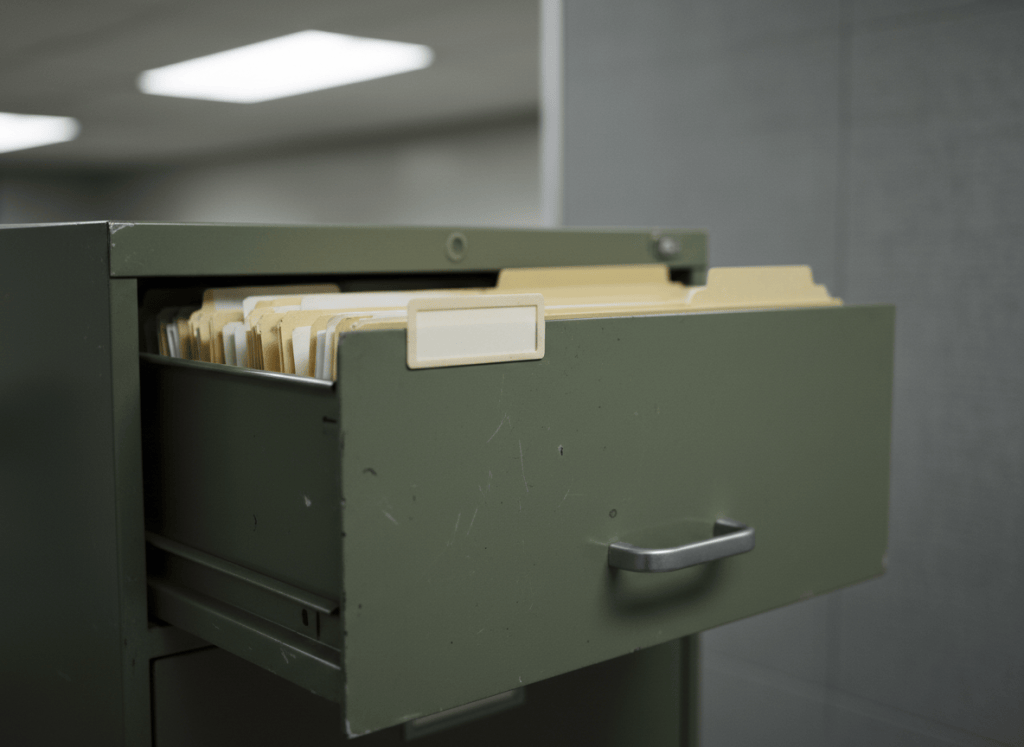 A close-up of a government filing cabinet, slightly ajar, with folders and documents visible inside. The overall mood is institutional, cold, and slightly ominous — the kind of cabinet that holds information nobody asked to have collected. Muted, desaturated colors: institutional greens, grays, beige. Fluorescent lighting from above. One folder tab is visible but blank. Editorial, photorealistic style.