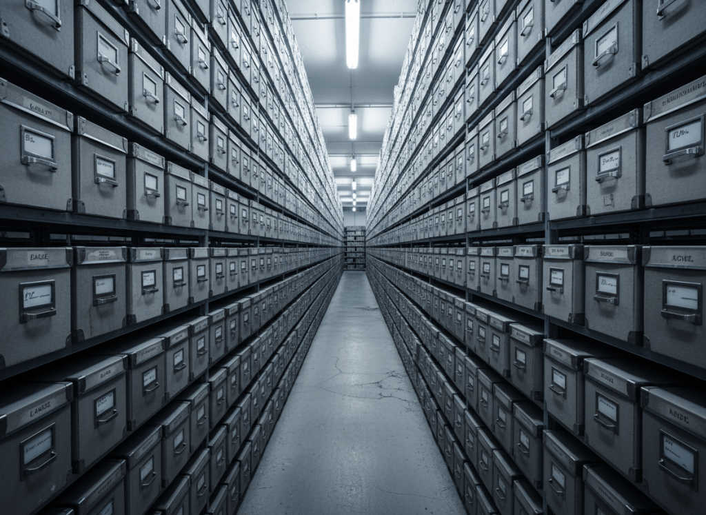 A wall of identical gray filing boxes on metal shelving, stretching into the distance. Institutional archive room, cold fluorescent lighting, slightly ominous. The boxes are uniform, unlabeled or minimally labeled. The perspective creates a sense of infinite, impenetrable information storage. Photorealistic, heavily desaturated, muted grays and beiges.