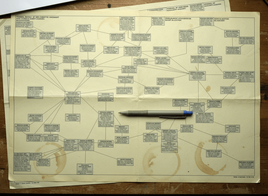 An overhead shot of a massive government organizational chart or federal agency directory printed on paper, spread across a worn government desk. Dense text, bureaucratic boxes and lines connecting departments. Slightly crumpled edges. A government-issue pen rests on top. Photorealistic, desaturated, institutional feel — the kind of document that is technically public record but practically incomprehensible.