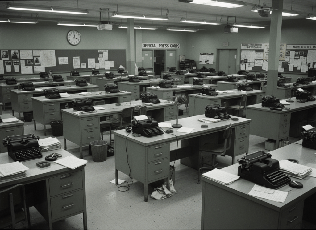 An empty mid-century government newsroom or press room, fluorescent lit, slightly dingy. Rows of desks each with a typewriter — typewriters are mandatory and prominent. Papers scattered. No people. The room looks like serious work happened here and will again. Photorealistic, heavily desaturated, institutional greens and grays, cold overhead lighting casting hard shadows.