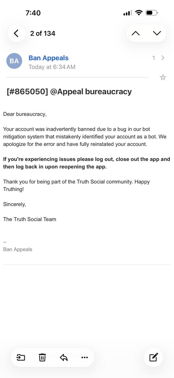 Screenshot of Truth Social email reinstating the Bureaucracy Times account for the second time.