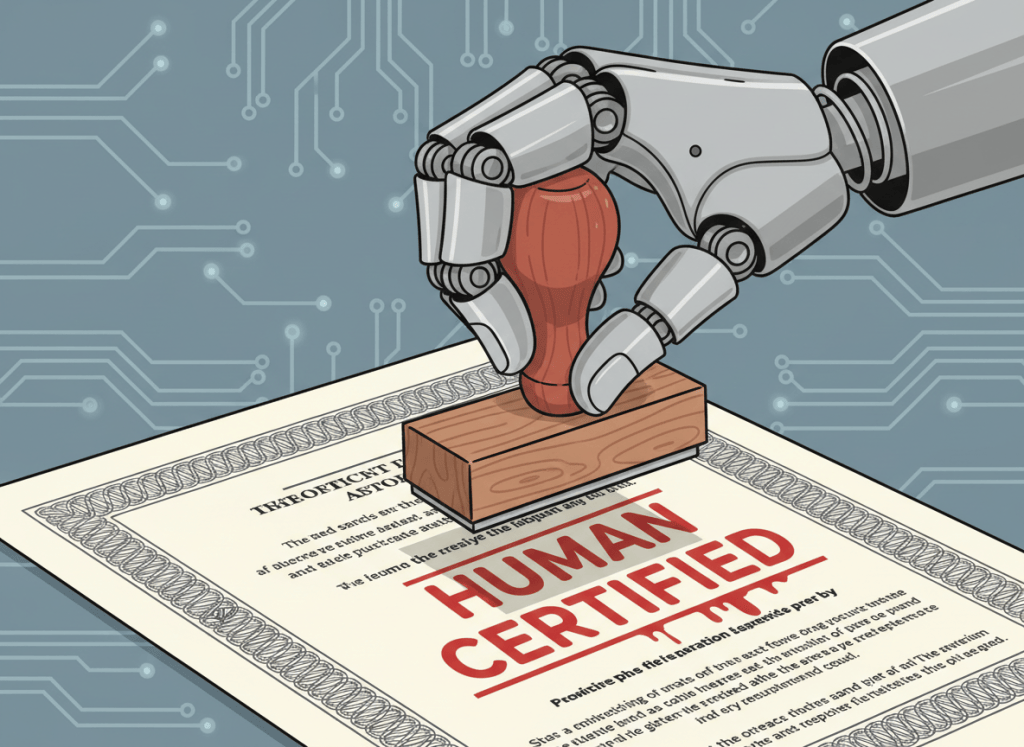 A robotic mechanical hand holding an official-looking rubber stamp. The stamp is pressing down onto a formal government-style document or certificate. The stamped text reads "HUMAN CERTIFIED" in bold red ink, slightly smudged. The background is a muted blue-gray circuit board pattern, consistent with the prior article's aesthetic. The overall feel is bureaucratic absurdity — institutional officiousness meeting robotic automation. Graphic illustration style, flat tones, red and gray color palette.