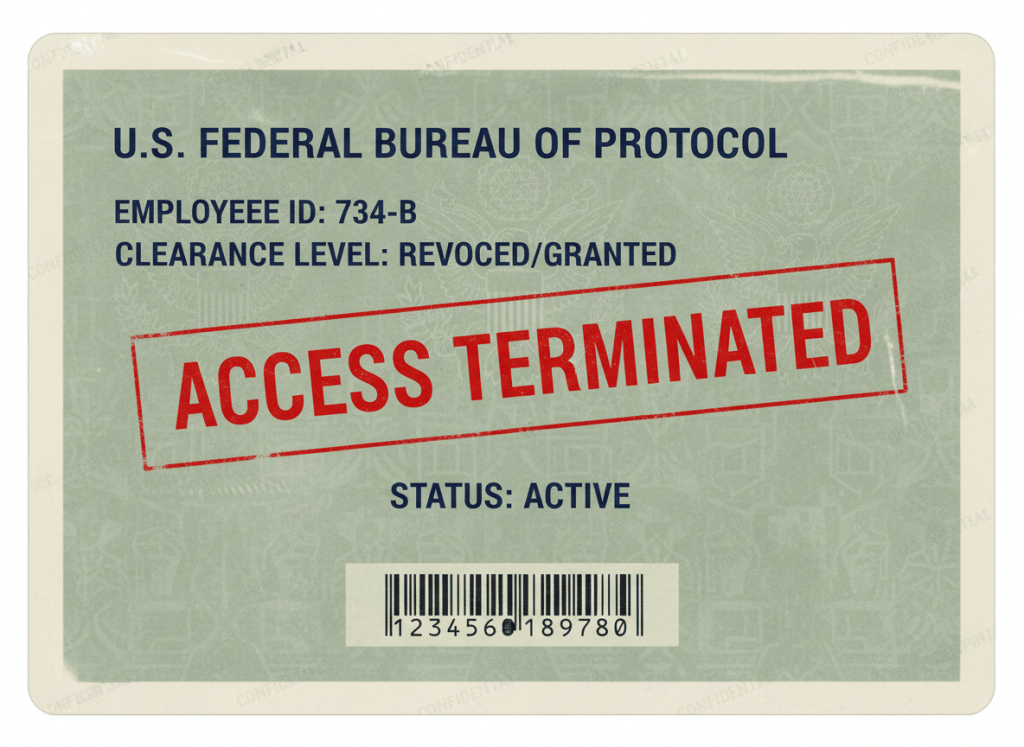 A flat, institutional graphic in the style of a federal government security badge or access card, rendered as if photocopied or bureaucratically processed. The card shows "ACCESS TERMINATED" stamped in red across the front in a bold government font, but beneath it in smaller text reads "STATUS: ACTIVE" — the contradiction is the joke. The background is a muted beige or pale government-green, with faint security patterns like a watermark. The overall aesthetic is dry, deadpan, bureaucratic — the kind of thing that would appear in a federal audit exhibit. No photography, no people, no dramatic lighting. Flat design, institutional palette: navy, red stamp, cream/beige background.