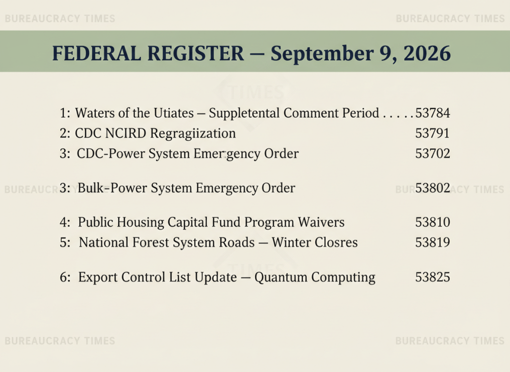 A flat, deadpan government document graphic in the established Bureaucracy Times Federal Register Watch style. A formal header reads "FEDERAL REGISTER — September 9, 2026" in navy blue on a pale green or beige background. Below it, a short list of document titles in small bureaucratic type: "Waters of the United States — Supplemental Comment Period," "CDC NCIRD Reorganization," "Bulk-Power System Emergency Order," and three more — all formatted like a real Federal Register table of contents. The overall aesthetic is dry, institutional, typographic. No people, no photography, no illustration. Pure document design.