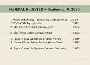 A flat, deadpan government document graphic in the established Bureaucracy Times Federal Register Watch style. A formal header reads "FEDERAL REGISTER — September 9, 2026" in navy blue on a pale green or beige background. Below it, a short list of document titles in small bureaucratic type: "Waters of the United States — Supplemental Comment Period," "CDC NCIRD Reorganization," "Bulk-Power System Emergency Order," and three more — all formatted like a real Federal Register table of contents. The overall aesthetic is dry, institutional, typographic. No people, no photography, no illustration. Pure document design.