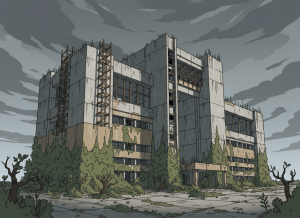 Flat editorial illustration of an abandoned or partially constructed government building exterior. Concrete structure, scaffolding left in place, overgrown vegetation at the base. Dark background with dramatic overhead lighting illuminating the scene. Muted desaturated tones — grey, tan, olive. Flat graphic novel aesthetic with bold clean lines, no photorealism. Overcast atmosphere. The mood conveys institutional neglect, stalled progress, and bureaucratic failure. No people visible.