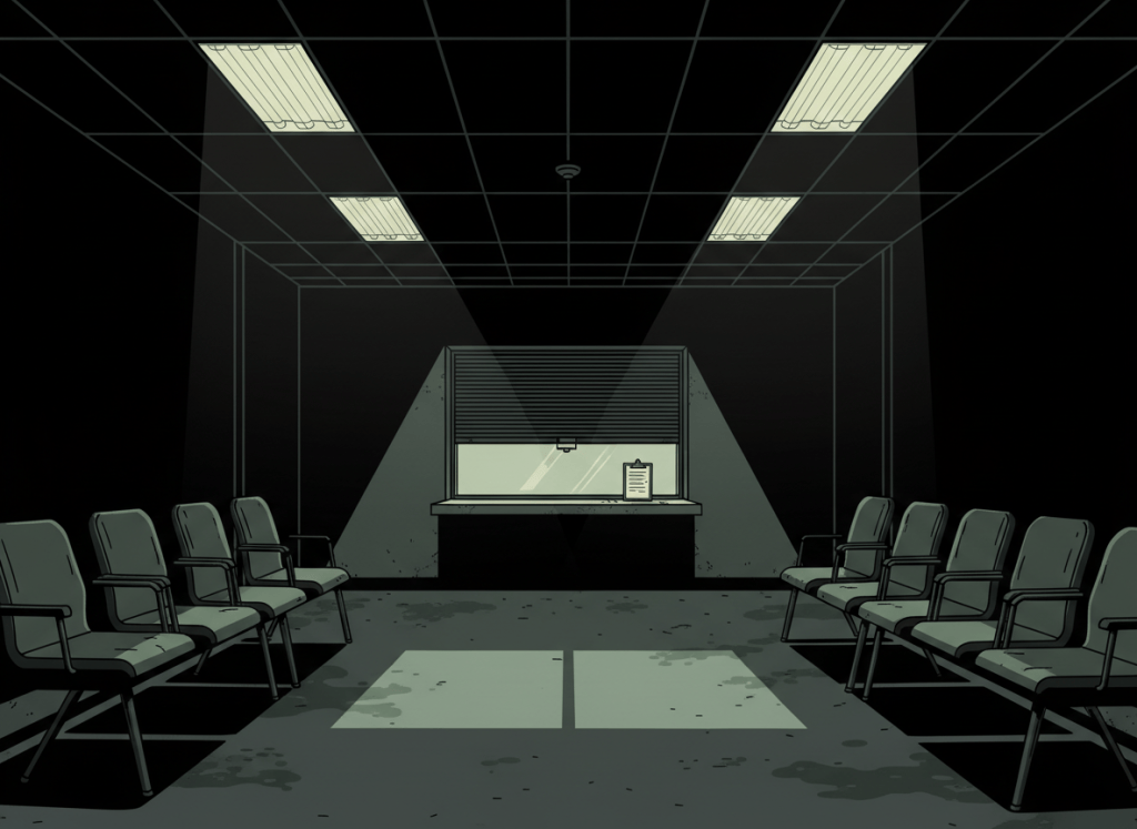 Flat editorial illustration of an empty government office waiting room. Rows of vacant institutional chairs, a dark oppressive ceiling, a service window with a closed blind. A single form or clipboard abandoned on a counter. Very dark background — near black — with dim, cold overhead lighting casting harsh shadows. Deep charcoal, slate grey, and muted olive tones. Flat graphic novel aesthetic, bold clean lines, high contrast, no photorealism. The mood is heavy, claustrophobic, and foreboding — institutional neglect rendered as a kind of dread. No people visible.