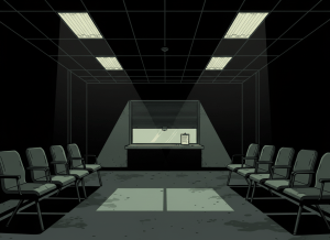 Flat editorial illustration of an empty government office waiting room. Rows of vacant institutional chairs, a dark oppressive ceiling, a service window with a closed blind. A single form or clipboard abandoned on a counter. Very dark background — near black — with dim, cold overhead lighting casting harsh shadows. Deep charcoal, slate grey, and muted olive tones. Flat graphic novel aesthetic, bold clean lines, high contrast, no photorealism. The mood is heavy, claustrophobic, and foreboding — institutional neglect rendered as a kind of dread. No people visible.