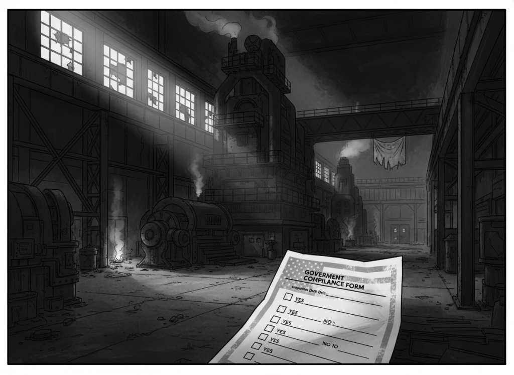 A noir-style editorial illustration showing an American steel mill or factory floor, partially dark and neglected, with a government compliance checkbox form in the foreground. The aesthetic should match a serious federal oversight publication — dark, moody, high contrast black and gray tones with subtle American flag elements. No text in the image.