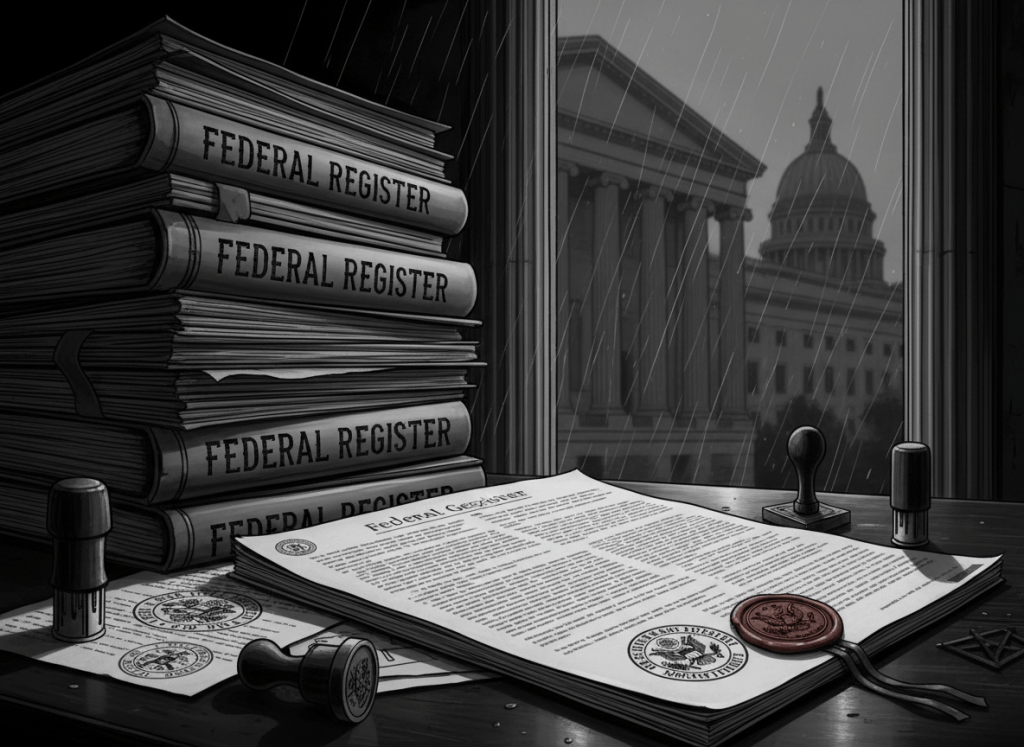 A noir-style editorial illustration showing the Federal Register — a stack of dense government documents or an open federal gazette on a dark desk, with bureaucratic elements like a seal, official stamps, and shadowy government building columns in the background. Dark, moody, high contrast black and gray tones consistent with a serious federal oversight publication. No text in the image.