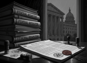 A noir-style editorial illustration showing the Federal Register — a stack of dense government documents or an open federal gazette on a dark desk, with bureaucratic elements like a seal, official stamps, and shadowy government building columns in the background. Dark, moody, high contrast black and gray tones consistent with a serious federal oversight publication. No text in the image.