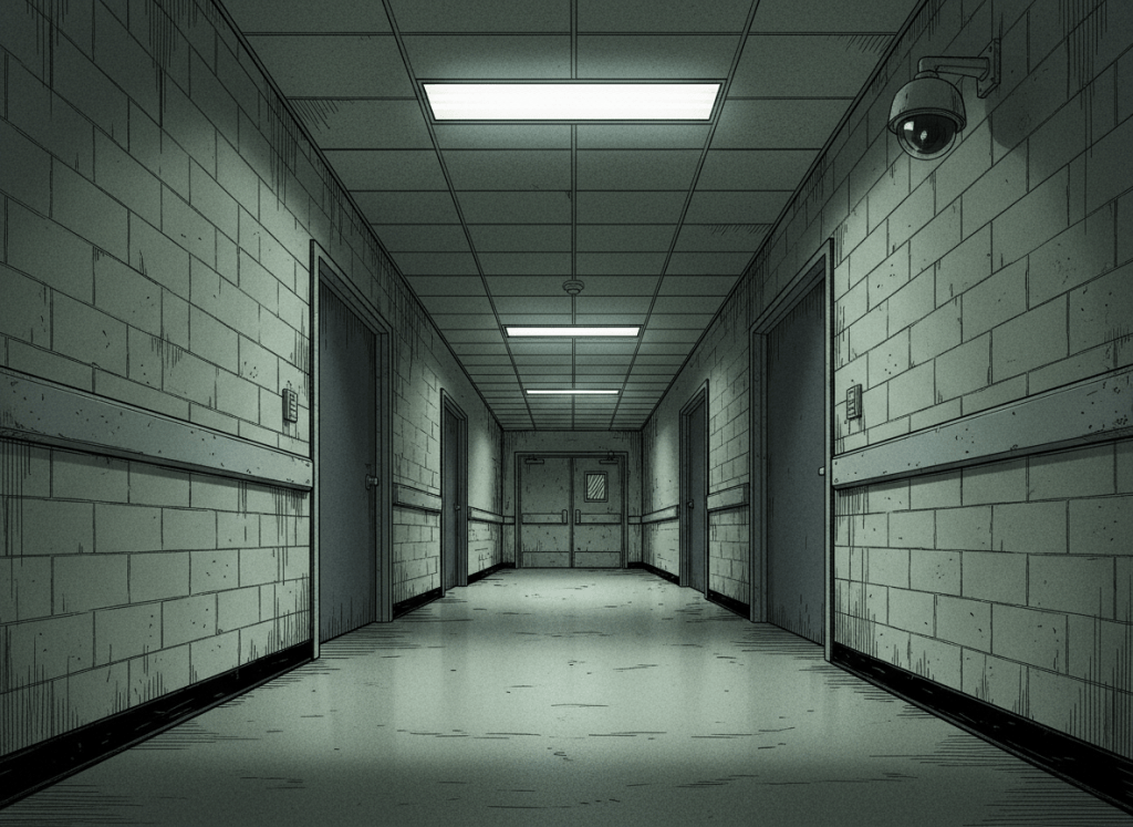 A dark, noir editorial illustration of a hospital corridor on a locked psychiatric ward — fluorescent lights overhead, institutional walls, a security camera mounted in the upper corner of the hallway with a red recording light. The atmosphere is cold, institutional, and watchful. No text in the image. High contrast black, gray, and muted green tones.