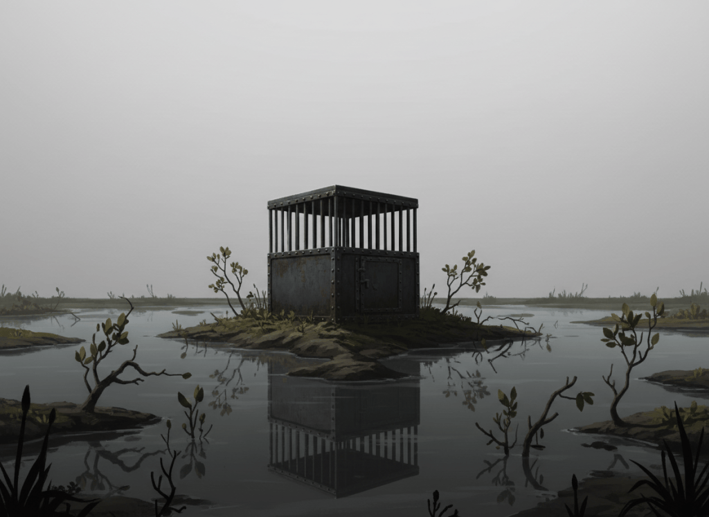 A dark, stark editorial illustration of a small metal outdoor enclosure or cage-like box sitting in a swampy, humid landscape — low vegetation, murky water nearby, oppressive heat implied by a harsh flat sky. The enclosure is small, utilitarian, institutional. Noir aesthetic, high contrast, muted greens and grays. No text in the image.