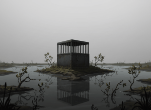 A dark, stark editorial illustration of a small metal outdoor enclosure or cage-like box sitting in a swampy, humid landscape — low vegetation, murky water nearby, oppressive heat implied by a harsh flat sky. The enclosure is small, utilitarian, institutional. Noir aesthetic, high contrast, muted greens and grays. No text in the image.