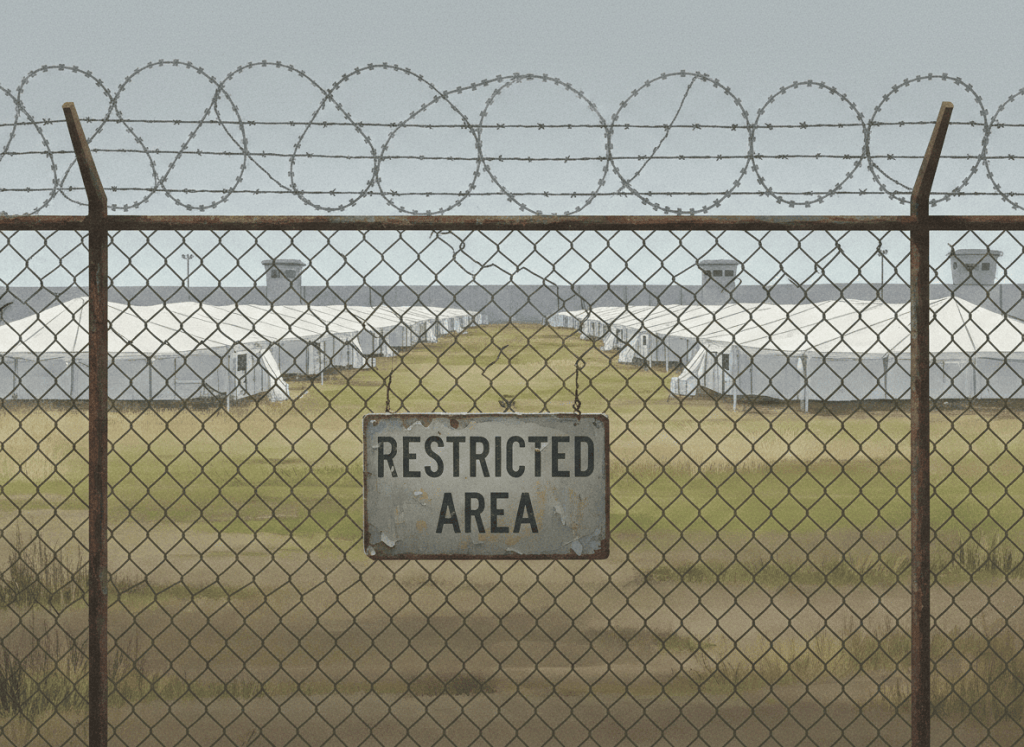 A stark, documentary-style illustration of a federal detention facility seen from outside a chain-link fence topped with razor wire. The scene is overcast and flat. In the foreground, a weathered sign reads "RESTRICTED AREA." In the background, white temporary tent-like structures stretch across the frame. The color palette is muted — grays, yellows, and institutional whites. No people. Bureaucratic, cold, and ambiguous in ownership — could belong to anyone, which is the point. Photorealistic but slightly stylized, editorial illustration style.