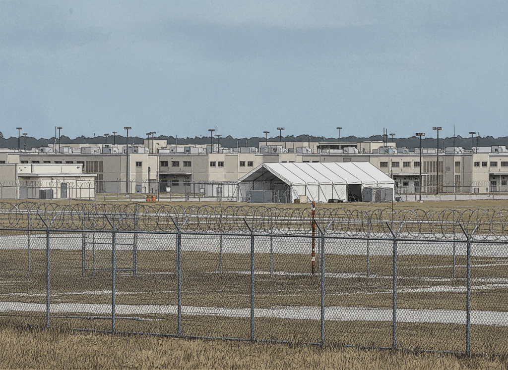 A documentary-style editorial illustration of a large federal immigration detention facility. Chain-link fencing with razor wire in the foreground. Behind it, a sprawling complex of institutional beige and gray concrete buildings under a flat, overcast Florida sky. In the middle ground, a temporary tent structure — utilitarian and improvised — sits alongside permanent buildings, suggesting overflow. No people. The scene is bureaucratic, bleak, and institutional. The color palette is muted — beige, gray, washed-out blue sky. Photorealistic but slightly stylized, editorial illustration style.